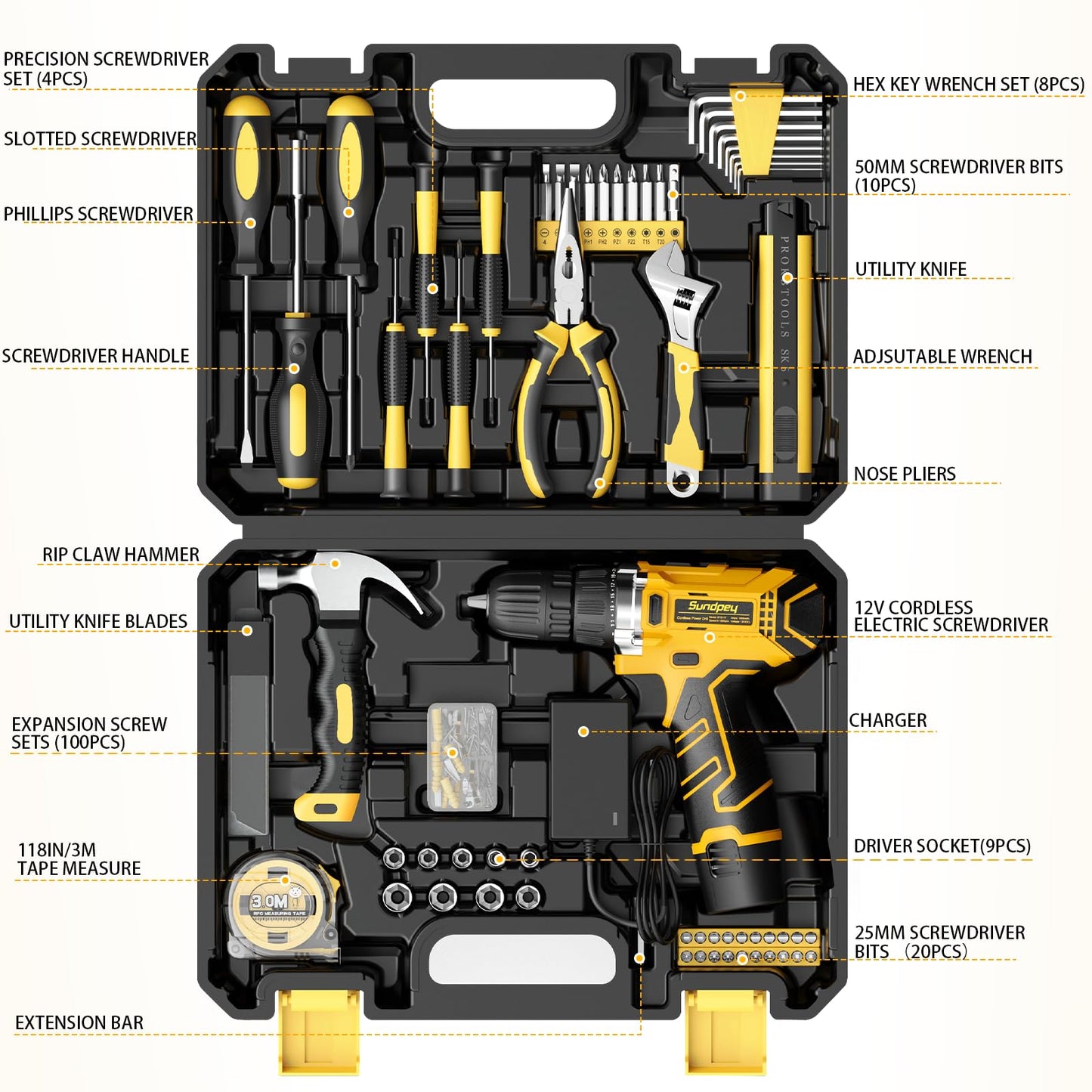 Sundpey Home Tool Kit with Drill - 166-Piece General Basic Home Repair Tool Set with 12V Cordless Power Drill & Battery & Charger & Portable Tool Box for Garden Office House Apartment Repair Men Women