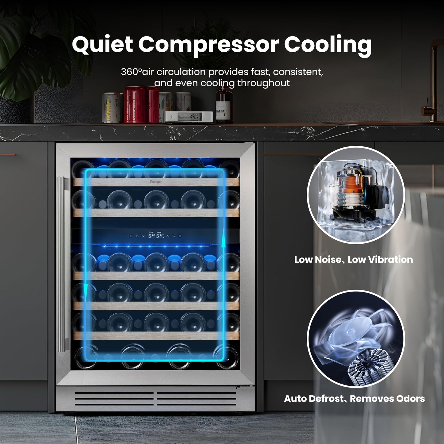 Yeego Wine Fridge Cooler - 24 Inch Dual Zone Wine Fridge Hold 52 Bottles, 40-65°F Wine Refrigerator Glass Door, Built in Fridge, Freestanding Adjustable Shelves Fridge for Beer Soda Drink Home Bar