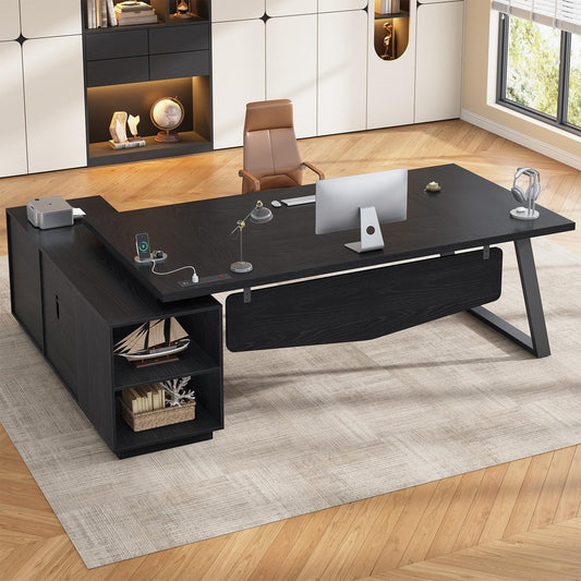 70.3 inch L Shaped Executive Desk with Power Outlets, Large Home Office Desk with Storage Drawers and File Cabinet, Modern Computer Desk with Shelves, Black Business Furniture, Square Metal Legs