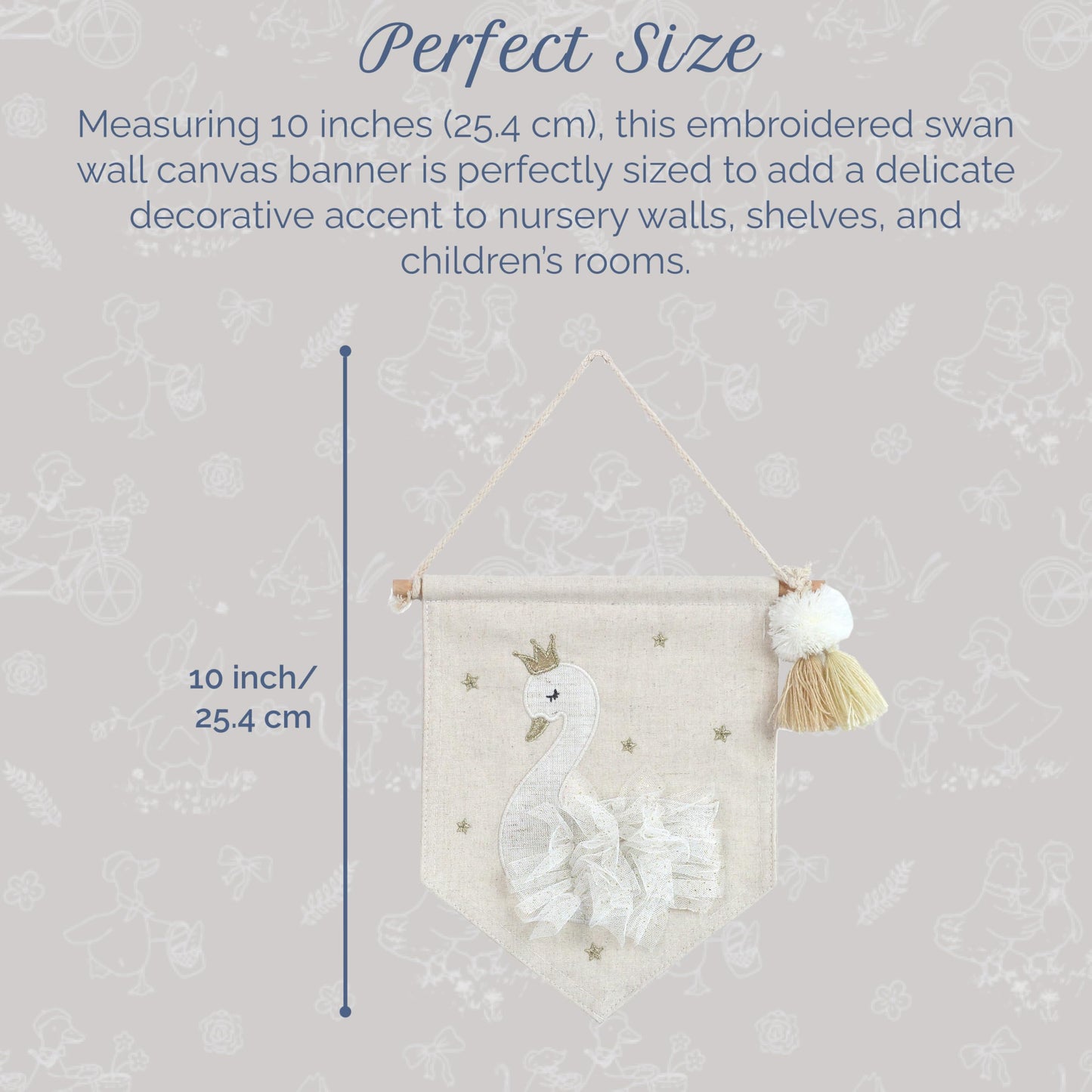 MON AMI Embroidered Swan Hanging Wall Canvas Banner | 10-Inch Plush Wall Décor for Nursery & Kids’ Room | Elegant Swan Design with Tassels | Whimsical Gift for Baby Showers & Birthdays