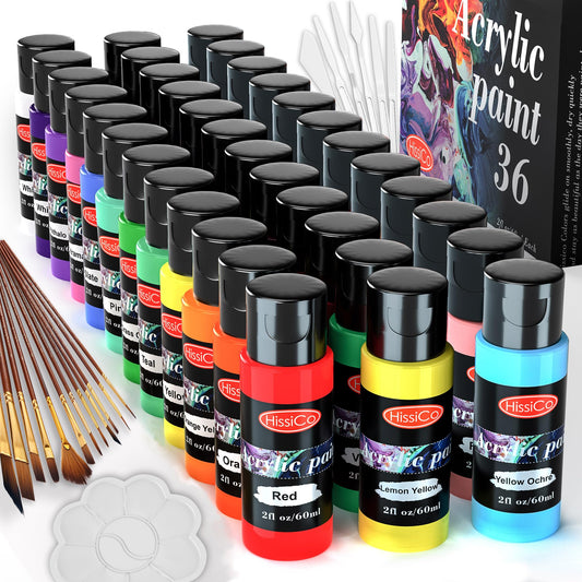 55PCS Acrylic Paint Set of 36 Colors 2fl oz 60ml Bottles 12 Brushes,Non Toxic 36 Colors Acrylic Paint No Fading Rich Pigment for Kids Adults Artists Canvas Crafts Wood Painting