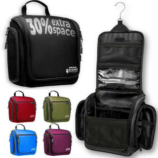 AvaJex Large Hanging Toiletry Organizer - Waterproof Hygiene Bag with Metal XXL Swivel Hook, Sturdy Zippers and 15 Compartments for Toiletries, Makeup, Cosmetics