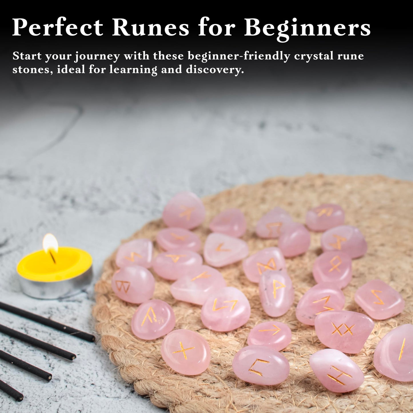 Crocon Rose Quartz Gemstone Rune Stone with Elder Futhark Alphabet Engraved Symbol 25 pcs Set for Feng Shui Reiki Crystal Healing Chakra Balancing Gift Home Decor Size: 15-20 mm