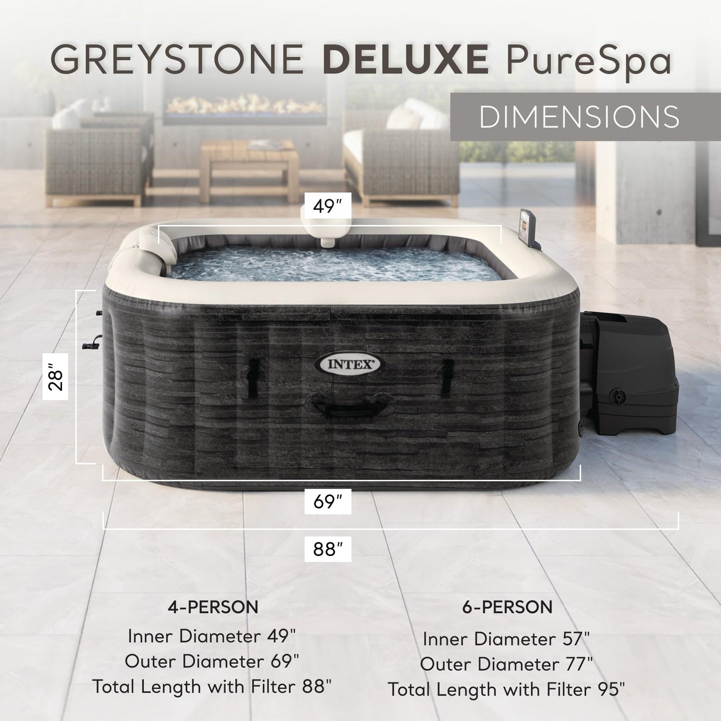 INTEX PureSpa Greystone Deluxe Inflatable Hot Tub, with with Built-in FastFill Inflation System, Spa Control App, and 4 Person Capacity, 83" x 28"