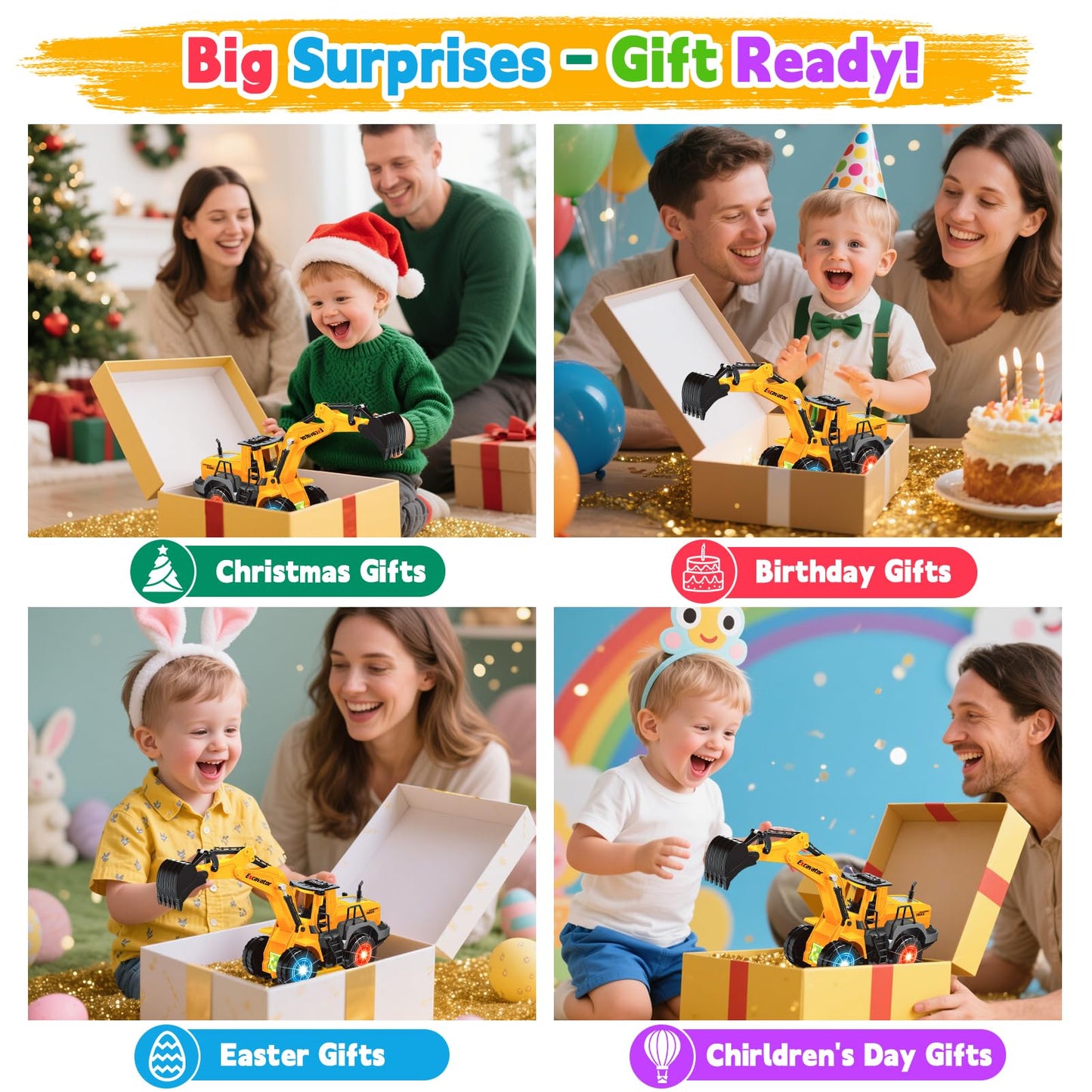 Car Toys for Toddlers, Excavator Toy with 2 Flashing Lights Music, Toy Trucks Construction Vehicle with 1 Moving Arm, Baby Toys for 3 4 5 6 Year Old Boys, Kids Valentine's Day Easter Birthday Gifts