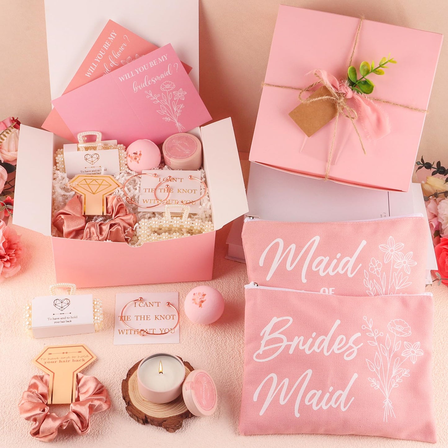 37pcs Bridesmaid Gifts Set Of 3 Pink，Maid of Honor Proposal Box Gift,Scented Candle Salt Ball Makeup Bag Rectangular Hair Clip Bridesmaids Scrunchies Knot Bracelet Bridal Shower Wedding Party