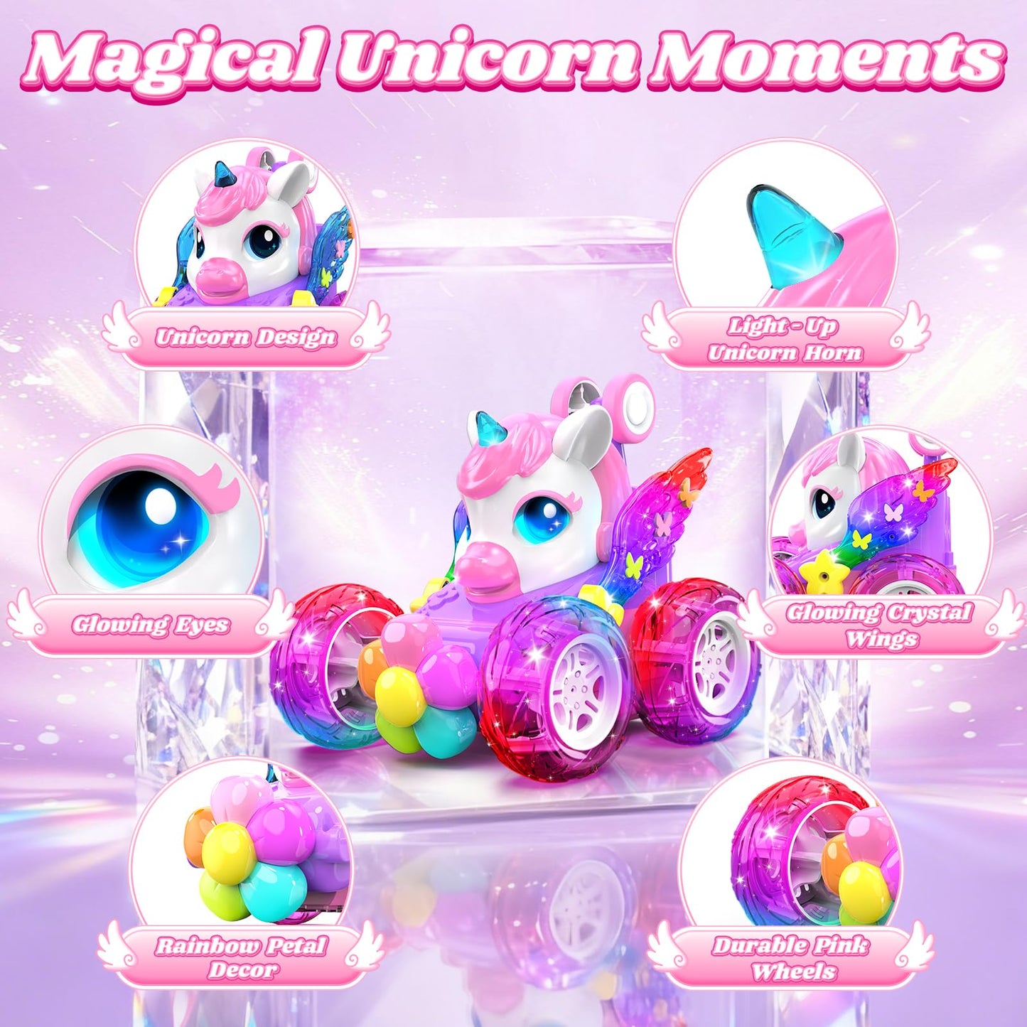Zmpolir Unicorn RC Cars for Girl Toys with Glowling Crystal Wings & Eyes Lights, 360° Rotation Remote Control Car Pink Unicorn Stunt Car Kids Toys Birthday Gifts for 3 4 5 6 7 8 9 10 Year Old Girls