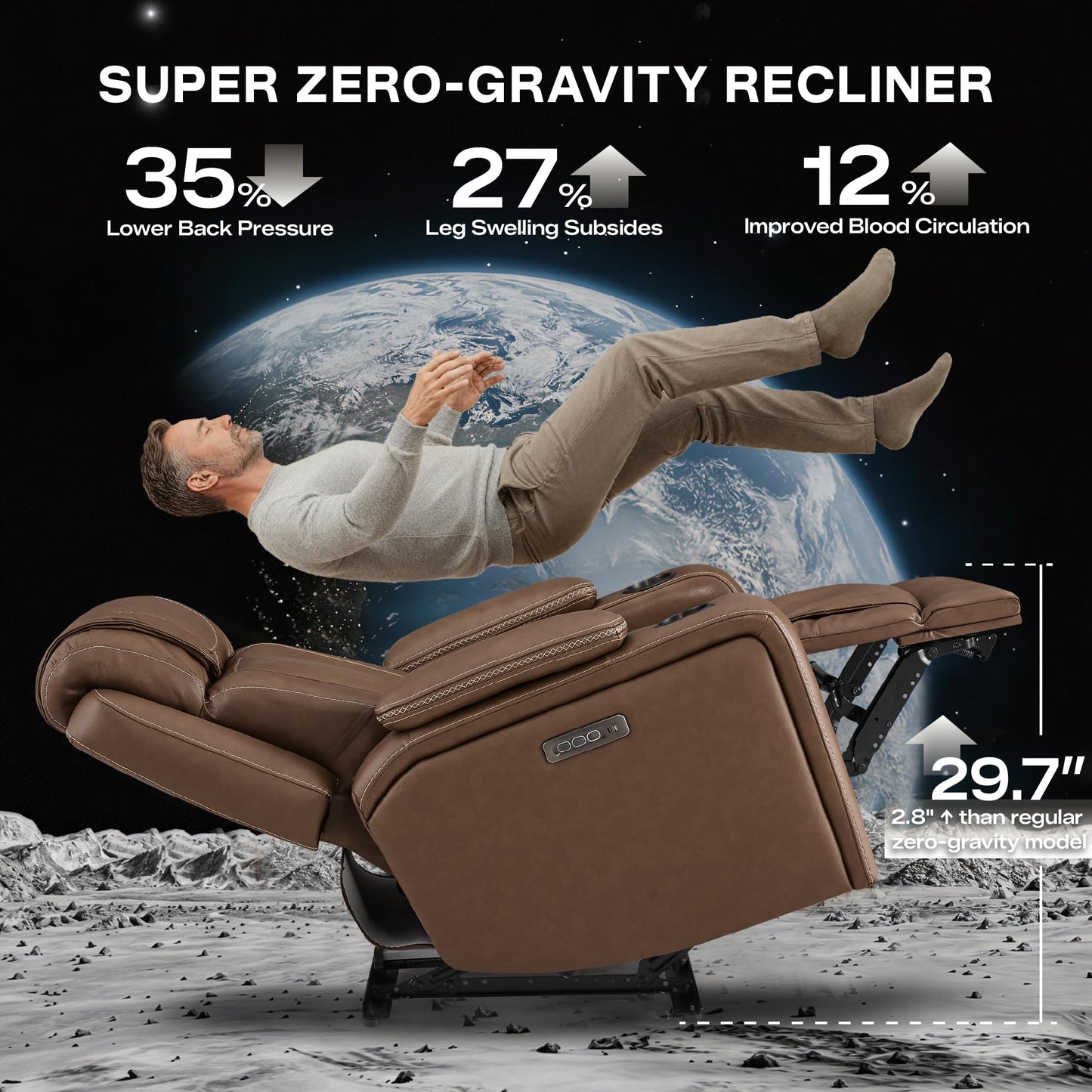 Watson & Whitely Genuine Leather Electric Recliner Chairs, Oversized Super Zero Gravity Recliner Triple-Motor W Adjustable Lumbar Headrest Support & Hidden Storage, Cafe Brown