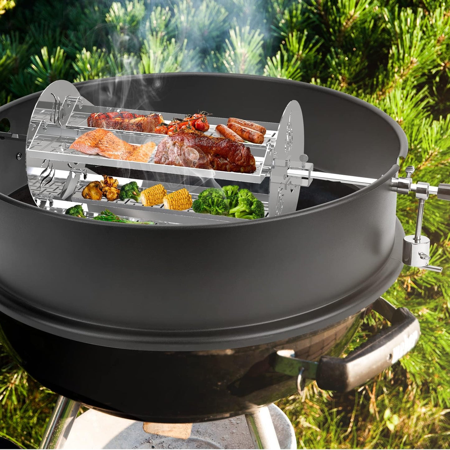 onlyfire 18 inch Round Tumble Rotisserie Basket, Stainless Steel BBQ Rotisserie Rotating Tray for Grills, Fits for 1/2" & 3/8" Hexagon, 3/8" & 5/16" Square Spit Rods