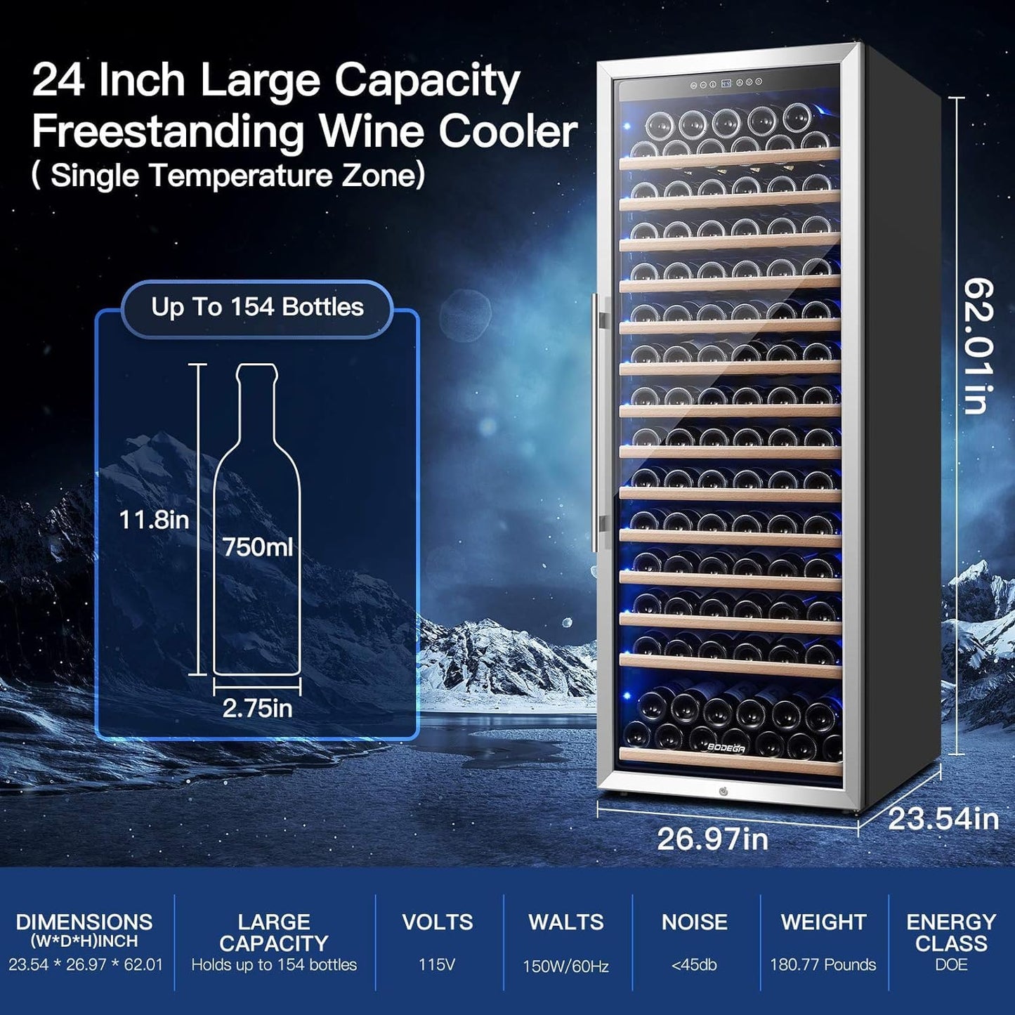BODEGA 24 Inch Wine Cooler, 154 Bottle Refrigerator, Freestanding Wine Fridge with Intelligent Temperature Memory & Humidity Control, Upgraded Compressor, Quiet Operation