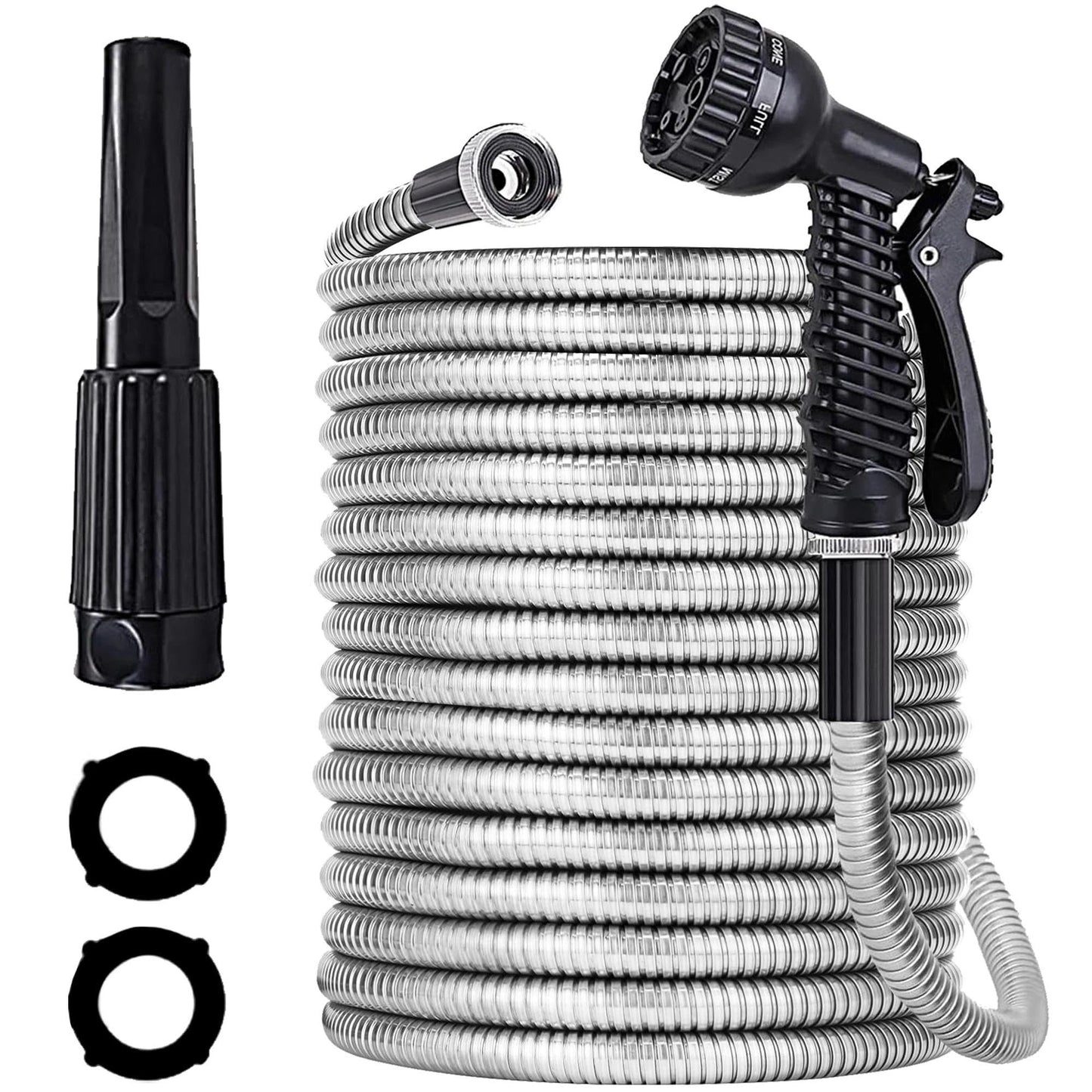 50ft Stainless Steel Garden Hose with 2 Nozzle Flexible Water Hose Lightweight Portable Tangle Free Metal Pipe for Patio Lawn Outdoor Heavy Duty Watering Water Pipe