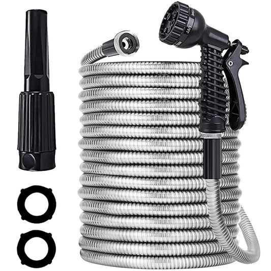 75ft Stainless Steel Garden Hose with 2 Nozzle Flexible Water Hose Lightweight Portable Tangle Free Metal Pipe for Patio Lawn Outdoor Heavy Duty Watering Water Pipe