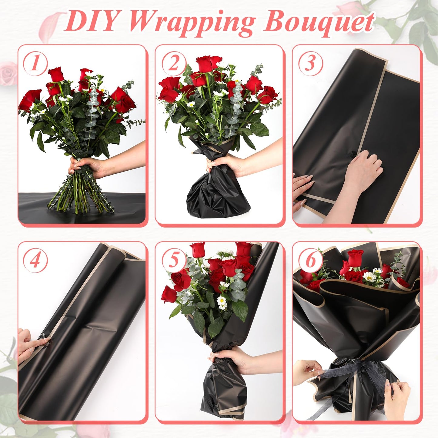 RowinsyDD 40 Sheets Black Flower Wrapping Paper, Waterproof Packaging Paper for Floral Bouquets, 22.8 x 22.8 inch Gift Packing Florist Supplies
