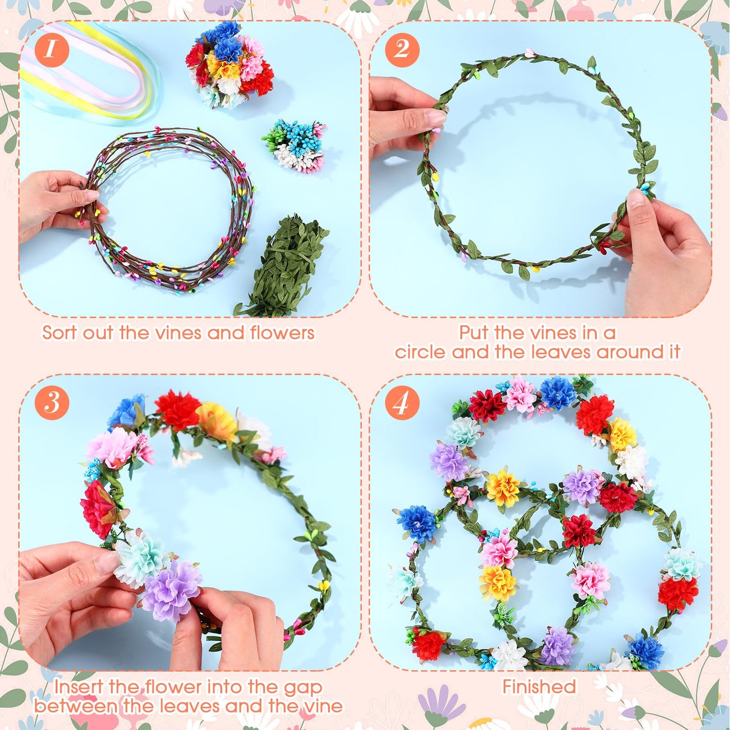 Zeyune 20 Sets Spring Tea Party Favor Flower Crowns Making Kit, Make Your Own Flower Crown Wreath Garland Headbands Craft Kit Handmade DIY Fairy Floral Hair Accessories Gift for Women