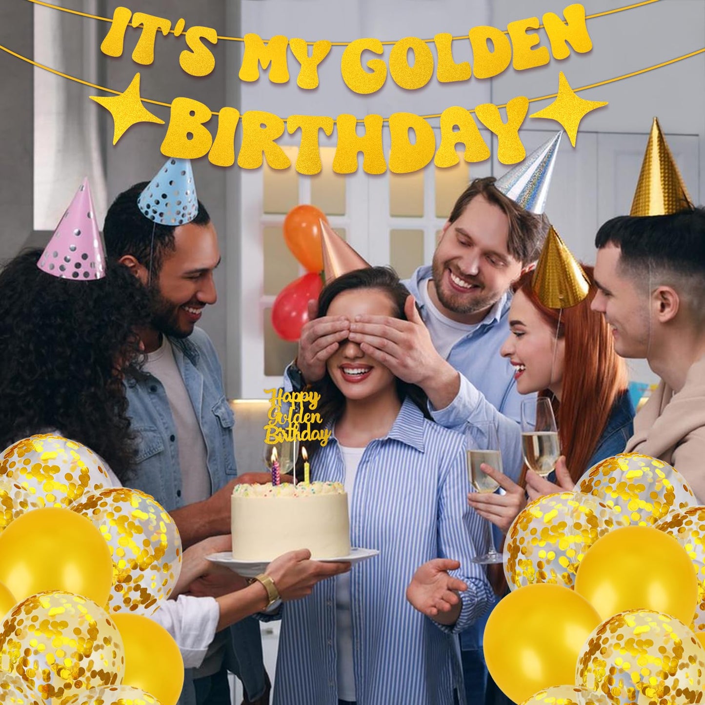 Golden Birthday Party Decorations PremiumIt’s My Golden Birthday Sash & Banner, Gold Cake Topper, Fringe Curtains, Balloons for Adult Women Men Party Supplies