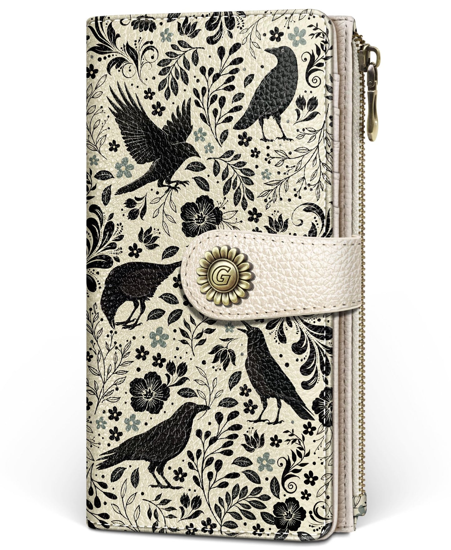 GIANCOMICS Crow Womens Wallet RFID Blocking, Flower Credit Card Holder Bifold, PU Leather Travel Billfold, Long Cute Cash Purse, Zipper Coin Pocket Clutch, ID Window, 11 Card Slot, Ladies Gift Woman