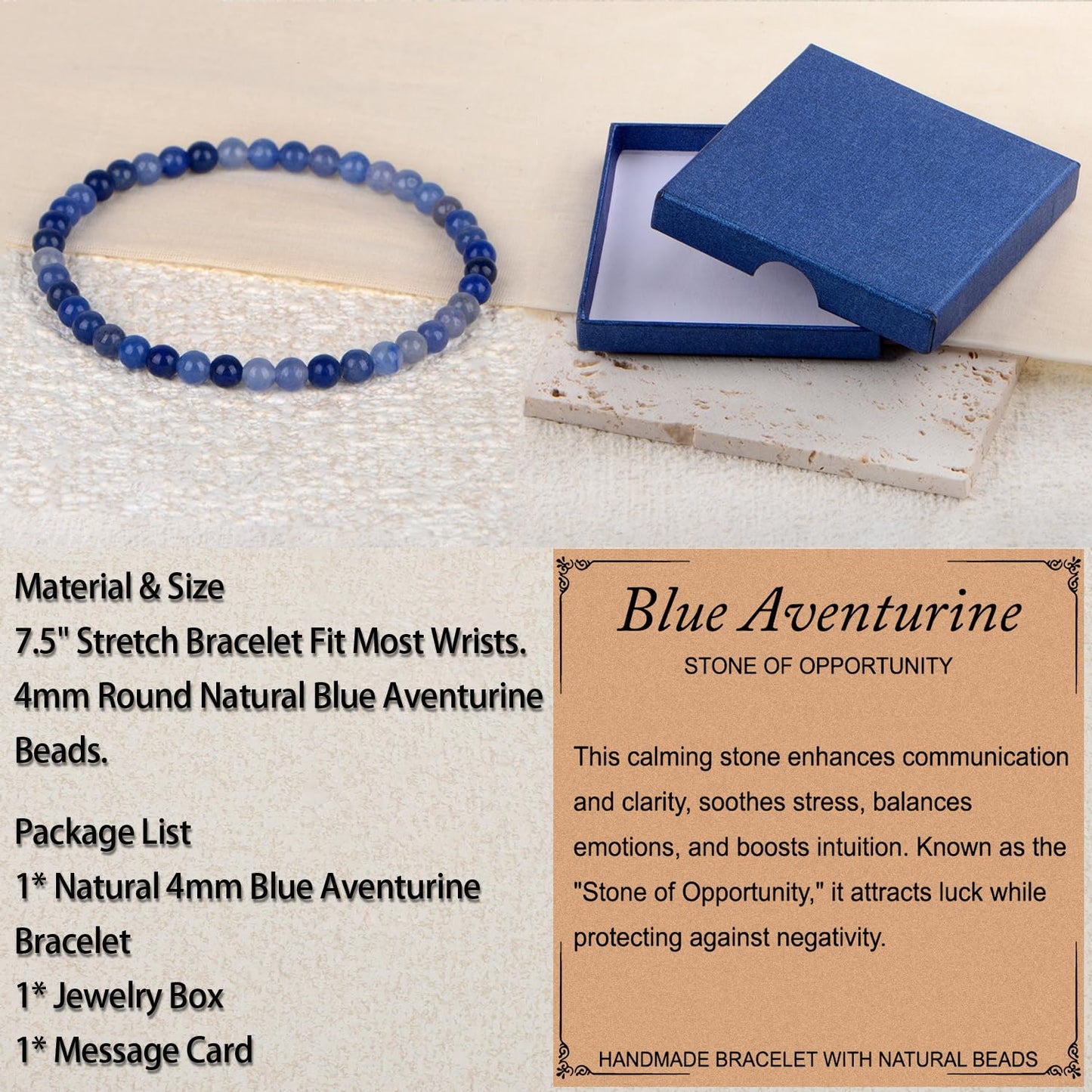 LPBeads Handmade Natural Gemstone Stretch Elastic 4mm Blue Aventurine Bracelet Healing Crystal Round Stone Beads Jewelry Gifts for Women Men