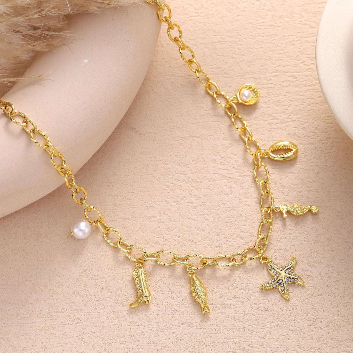 Chunky Charm Cross Pearl Necklace For Women Seashell Shell Starfish Beach Bow 14K Gold Plated Pendant Summer Jewelry (02 Starfish)