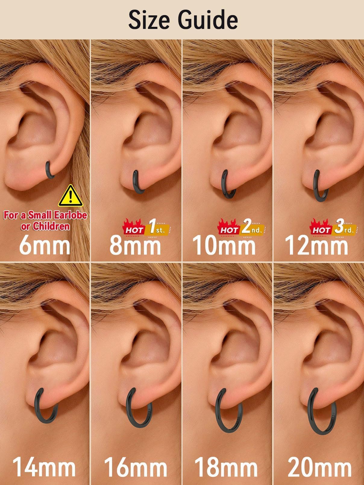FaithHeart 925 Sterling Silver Huggie Hoop Earrings, Small Silver Hoop Earring for Women, Black Hypoallergenic Cartilage Earrings for Women 8mm