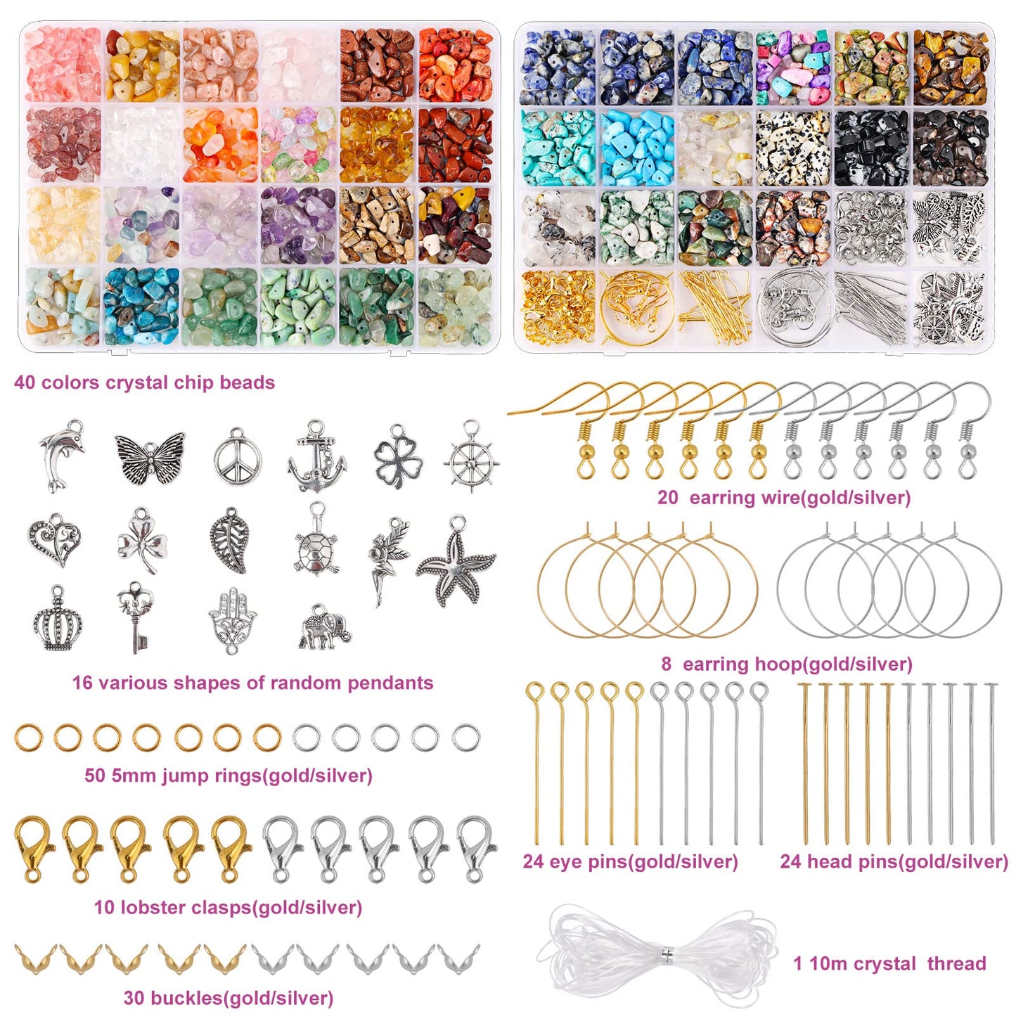 QUEFE 40 Colors Crystal Beads for Jewelry Making Crystal and Gemstone Beads 900pcs Jewelry Making Supplies Kit for Ring, Bracelets Earring Making Supplies, Craft Gifts