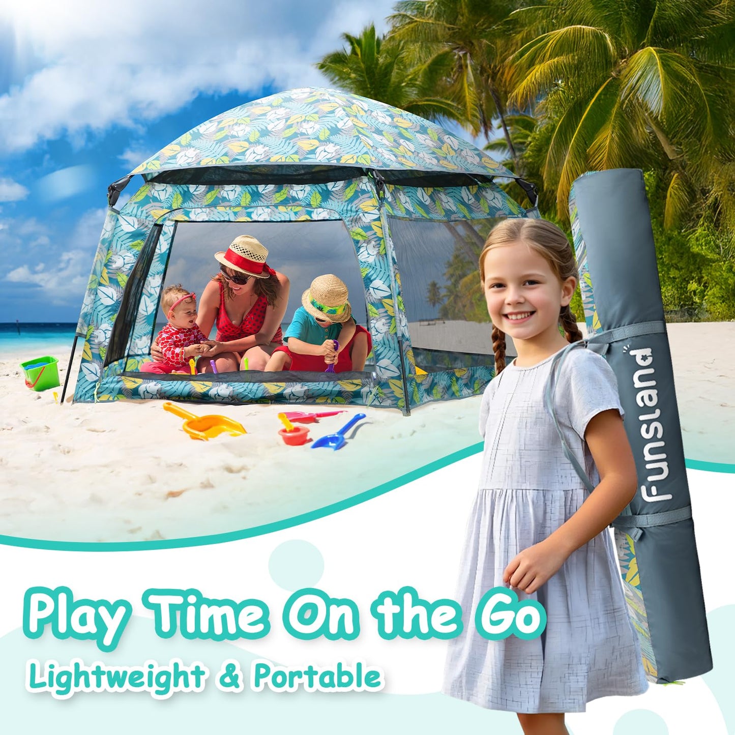 Funsland Baby Playpen Pop-up Tent - Outdoor & Indoor Play Tent for Beach with Canopy Travel Bag Portable Play Yard for Babies & Toddlers (Forest)