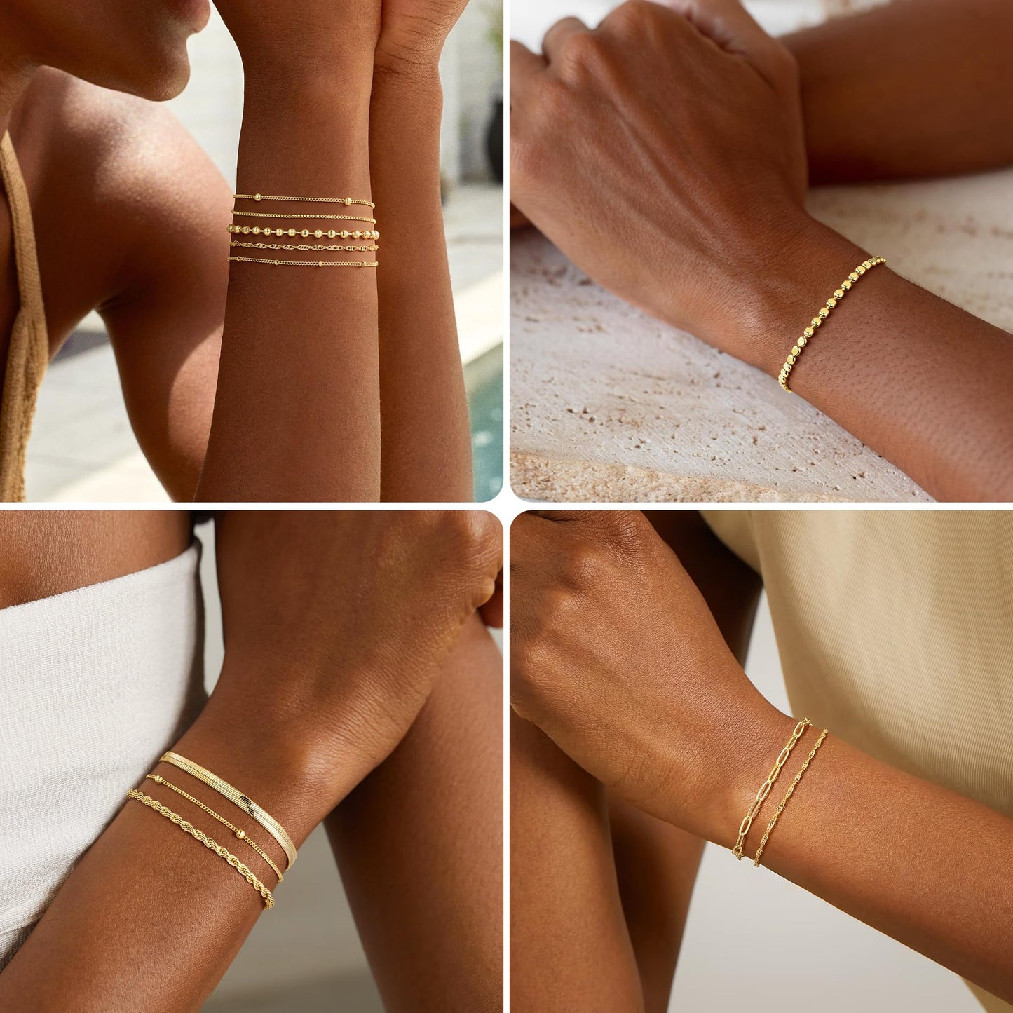 Turandoss Gold Bracelets Stack for Women, Dainty 14K Gold Plated Stackable Bracelet Set Adjustable Paperclip Satellite Box Chain Bracelet Waterproof Non Tarnish Jewelry Gifts for Women
