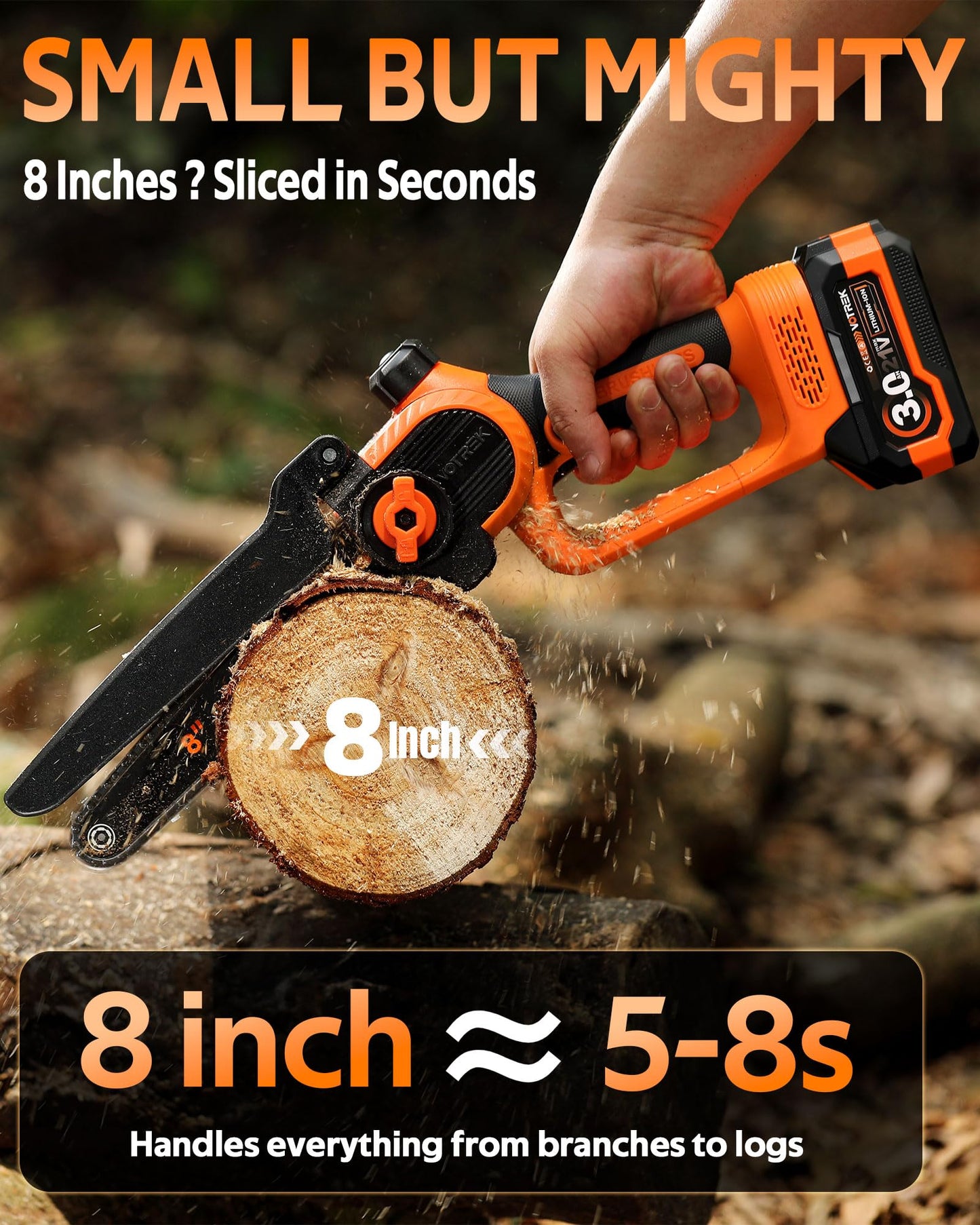 VOTREK® 8-Inch Mini Chainsaw Cordless, 3.0Ah Battery Powered Electric Chain Saw with 2 Chains, Brushless Motor, Auto Oiler, Tool-Free Tensioner for Tree Trimming and Yard Cleanup