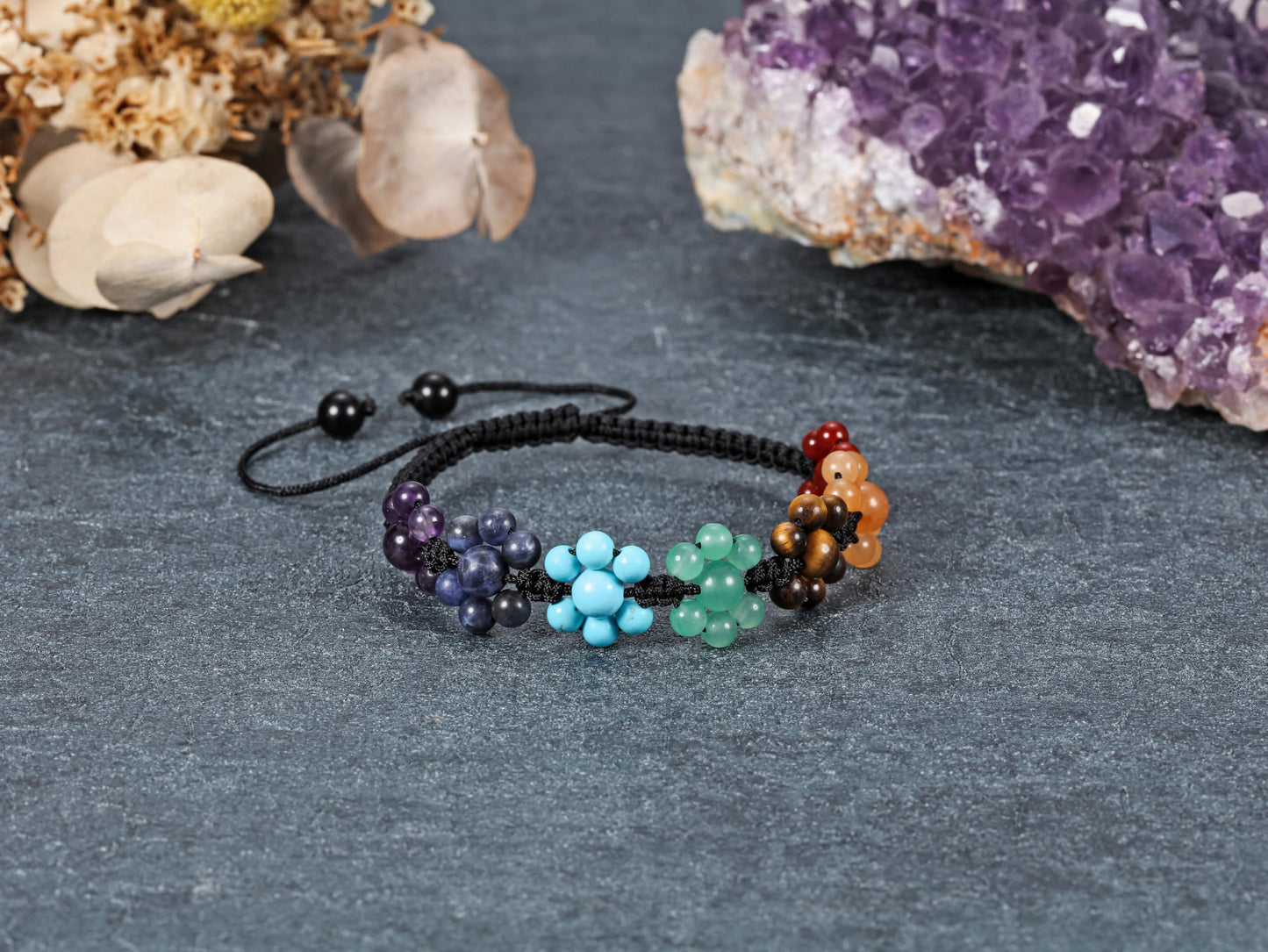 Top Plaza 7 Chakra Stone Healing Crystal Bead Bracelet Flower Natural Gemstone Bracelet Yoga Meditation Relax Anxiety Bracelets for Women