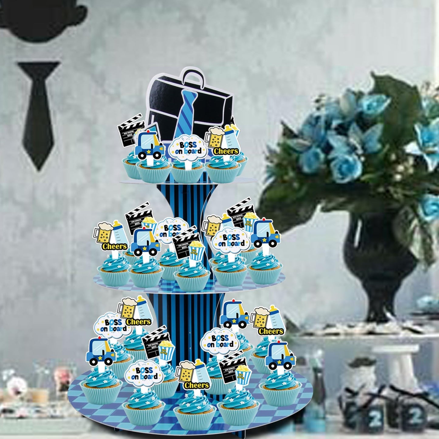 HAPPARTY Blue Black BOSS Theme 3-Tier Cupcake Stand 1PCS with 16PCS Cupcake Toppers, for Little Gentleman 1st 2nd Birthday Baby Shower Table Centerpiece Decorations