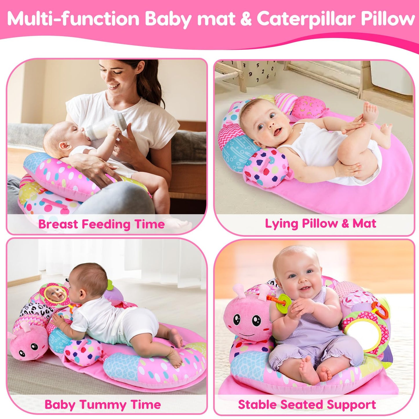 2 in 1 Baby Tummy Time Mat & Support Seated Pillow Infant Newborn Toys 0 1 2 3 4 5 6 Months Pink Caterpillar Sensory Developmental Playmat 0-6 3-6 12 Month Babies Mirror Shower Gifts for Girls Boys