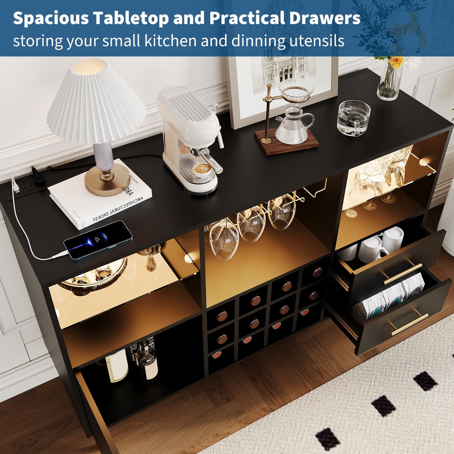 GarveeHome 47 in Bar Cabinet with LED Lights & Charging Station, Modern Sideboard Buffet Cabinet with Storage Drawers, Wine Rack & Doors, Coffee Bar Table for Living Room, Dining Room, Home- Black