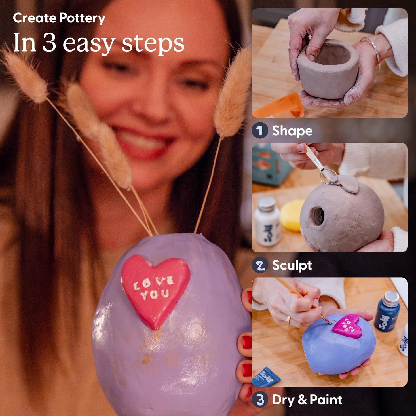 Sculpd - The Original Pottery Kit for Adults - Air Dry Clay for Adults, Tools, Varnish, Paints, Brushes, Couples Date Night Arts & Crafts Set, Matte Varnish