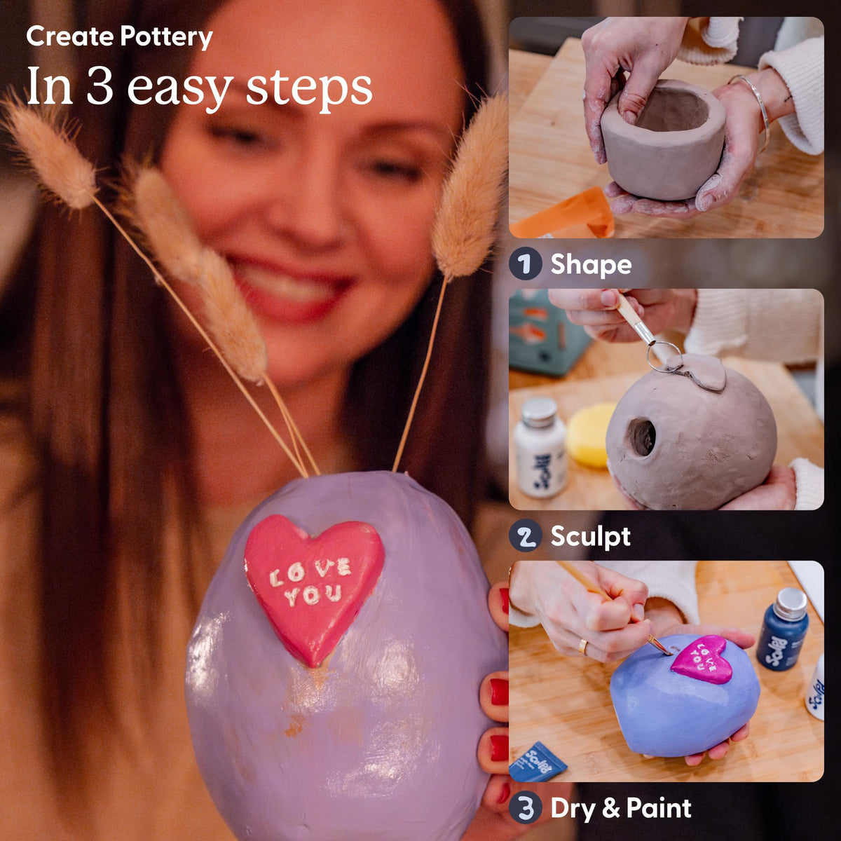 Sculpd - The Original Pottery Kit for Adults - Air Dry Clay for Adults, Tools, Varnish, Brushes, Mother's Day Activities, Arts & Crafts Set, Gloss Varnish