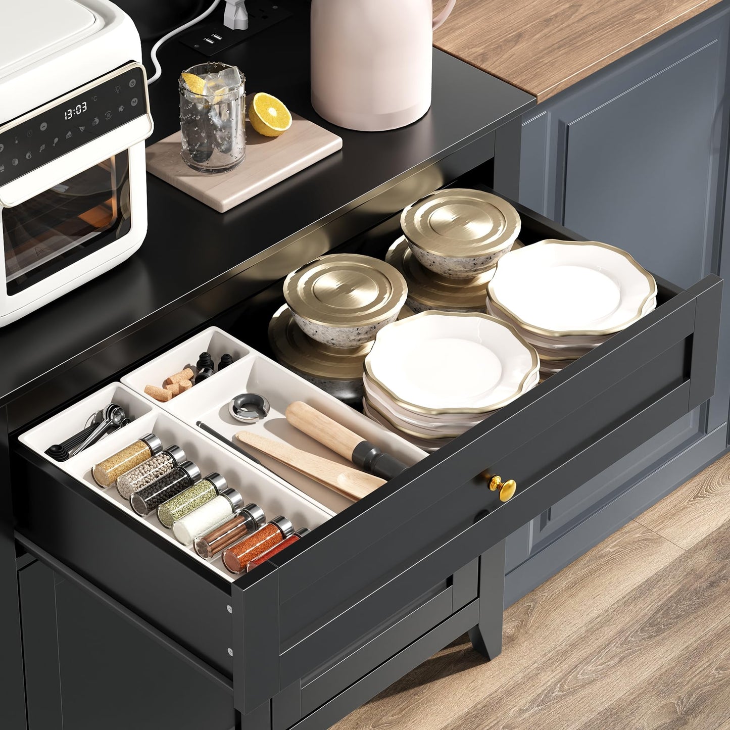 Garvee 63'' Sideboard Buffet Cabinet, 4 Hooks Coffee Bar Cabinet with Drawer & Adjustable Shelves, Kitchen Storage for Kitchen Room, Living Room, Dining Room, Black