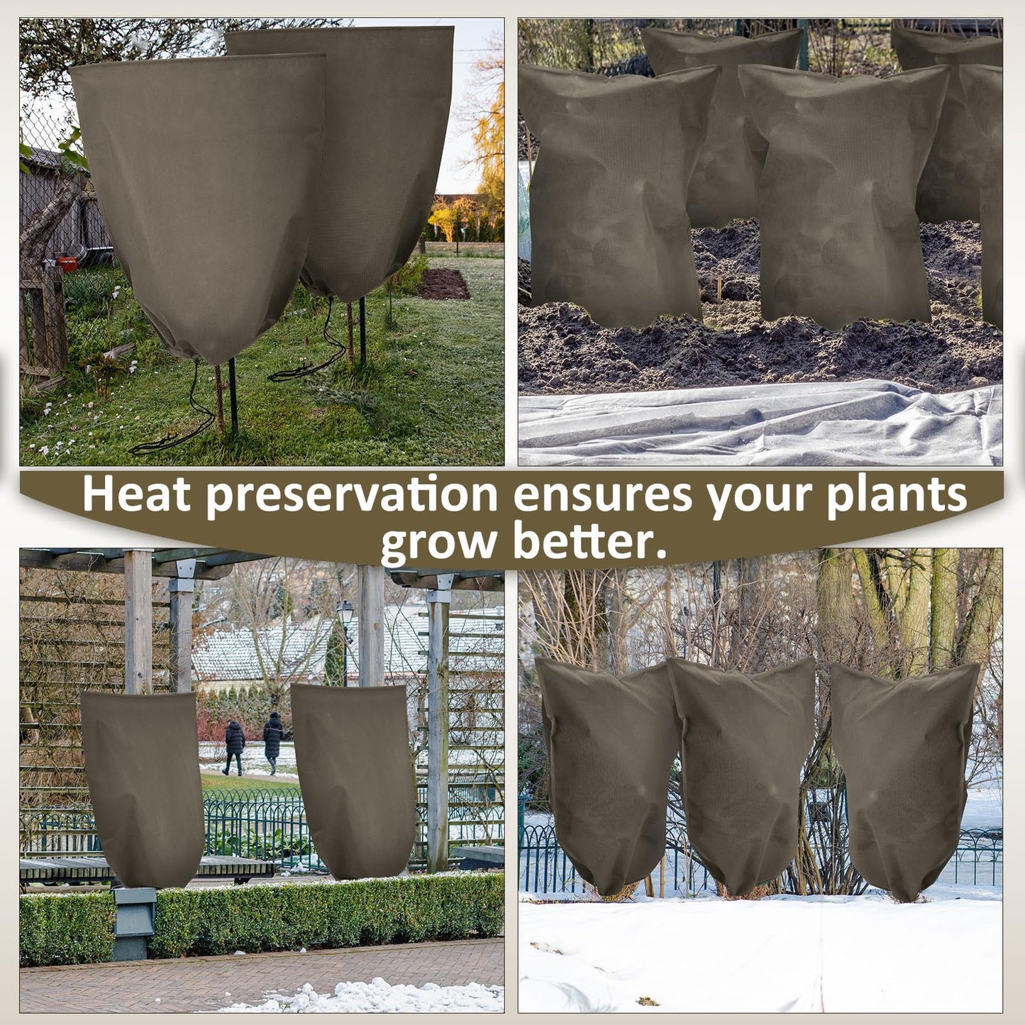 Wesnoy 12 Packs Winter Plant Covers Freeze Protection Drawstring Tree Cover 23.62 x 31.5 in Large Reusable Frost Protection for Plants Fruit Tree Shrub, Outdoor Prevention Bag (Brown)