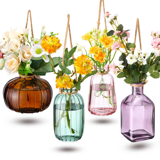 Wonderjune 4 Pcs Stained Glass Hanging Vases Hanging Glass Planters Small Plant Terrarium Pot Containers with Rope for Garden Home Indoor Outdoor Decor, 4 Styles (Fashionable)