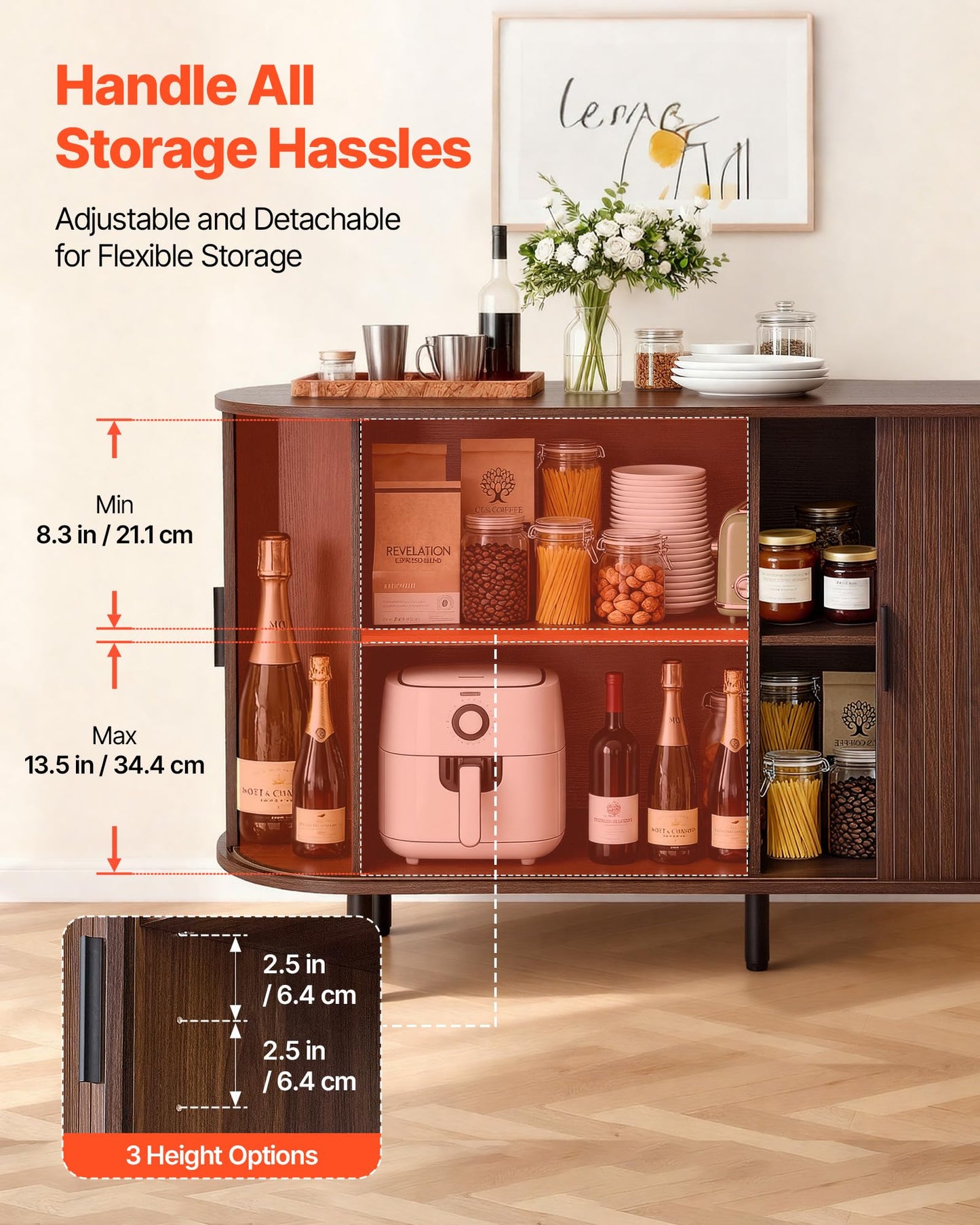 VEVOR Coffee Bar Cabinet, Mid Century Buffet Cabinet with Storage, Sideboard Cabinet with 2 Sliding Doors, Sideboard Buffet Station for Living Room, Entryway, Kitchen, 55.1 x 15.7 x 29.5 in, Walnut
