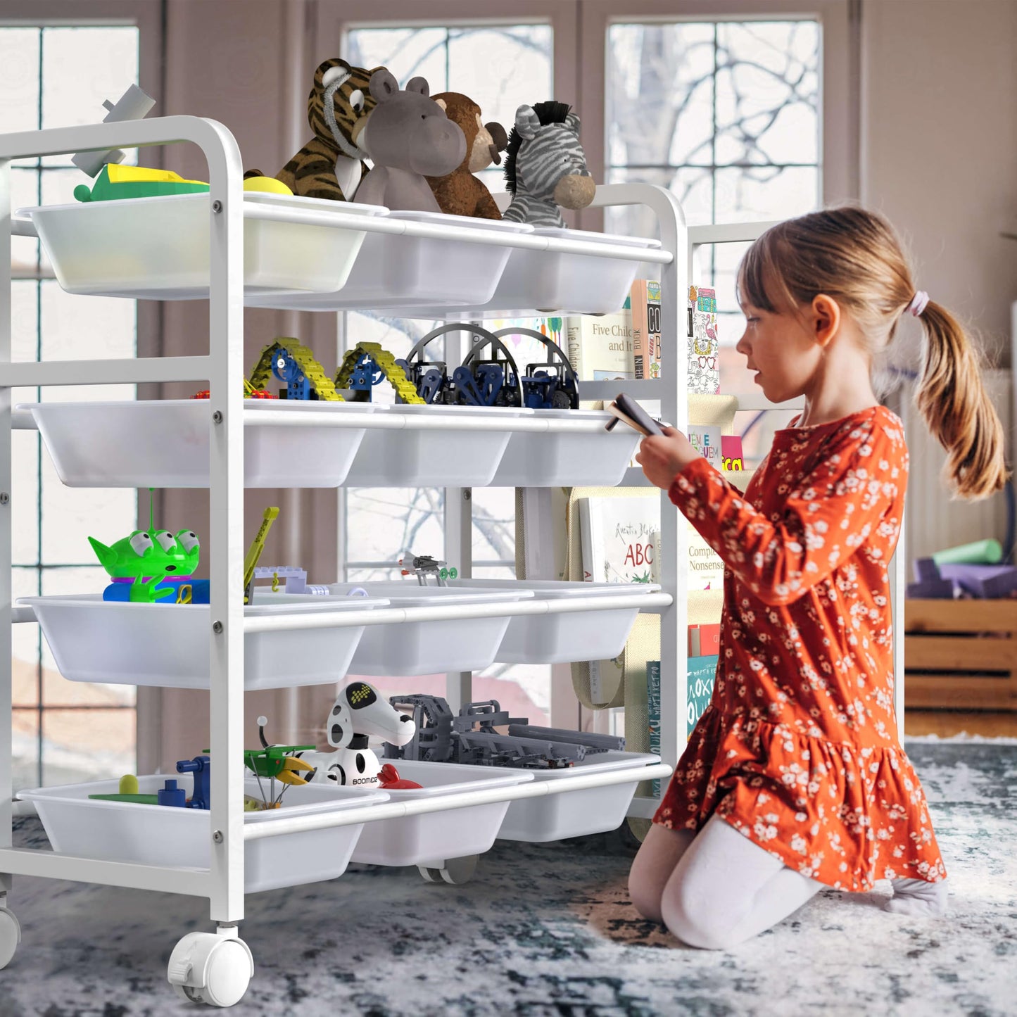 WGOHOSE Kids Toy Storage Organizer with Bookshelf & Fabric Book Sling, 12 Bins, Rolling Wheels, Metal Frame Toy Bin Shelf, Toy Box Organizer for Playroom Bedroom Nursery, White