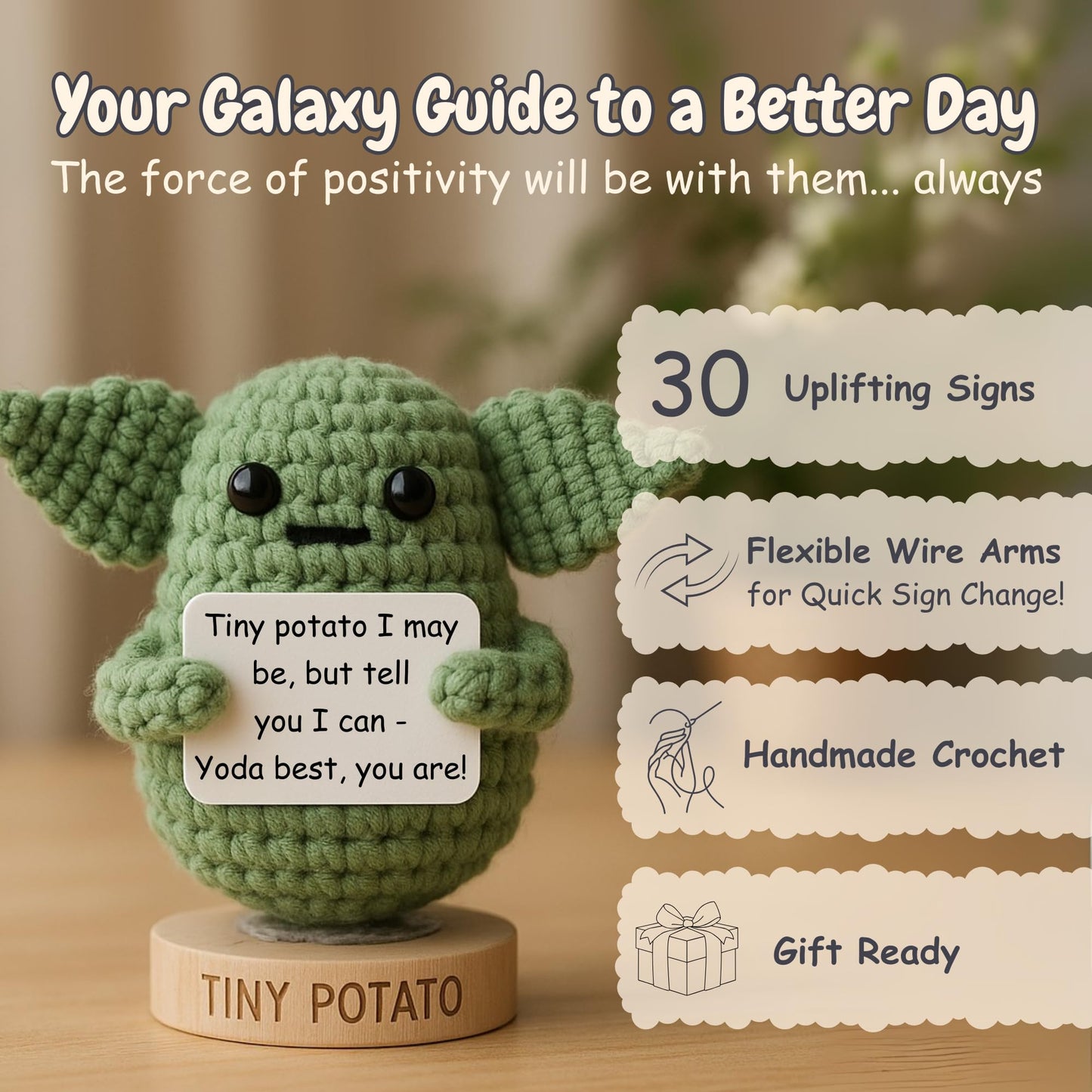 Star Wars Gifts | Handmade Baby Yoda Positive Crochet W/ 30 Fun Affirmations | Small Birthday Gift for Women | Starwars Present Idea for Friends, Coworker, Dad, Men, Brother | Funny Star Wars Figurine