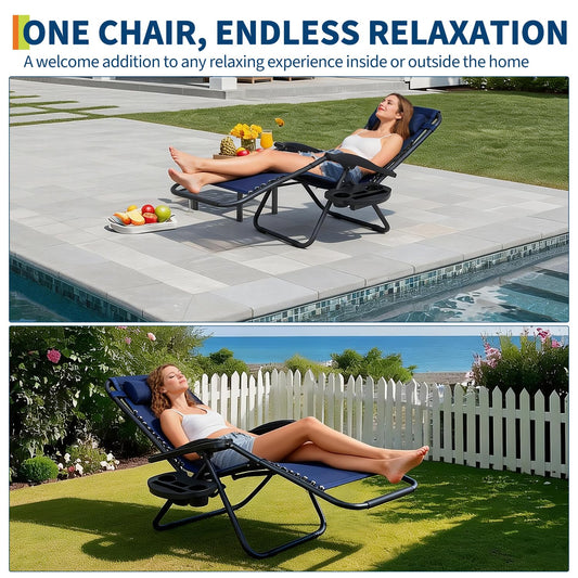 Garvee Outdoor Reclining Lounge Chair Set of 2 with Cup Holder & Padded Headrest, Adjustable Patio Folding Chairs, Heavy Duty Portable Camping Lawn Chairs for Pool, Backyard, Beach, Deck Blue
