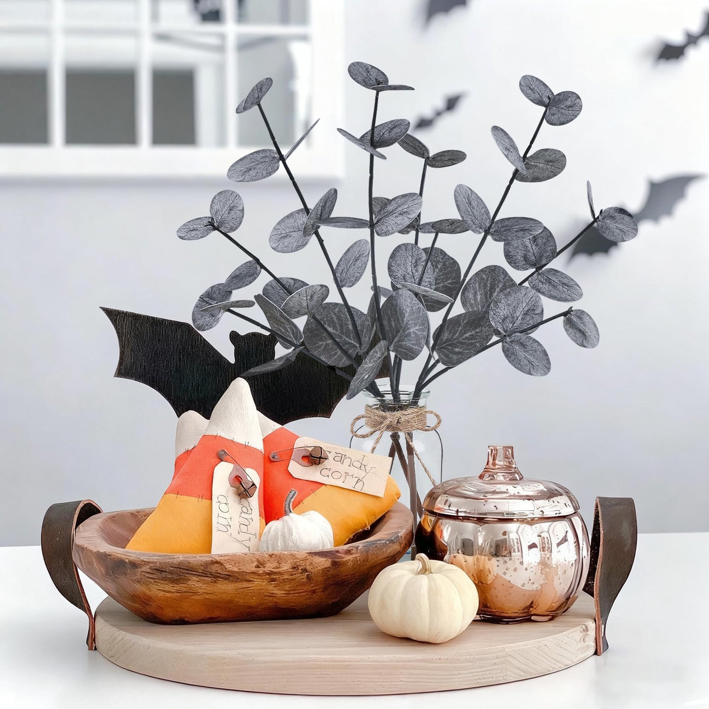 Artificial Eucalyptus Stems in Glass Vase with Faux Water Halloween Decor, 14” Fake Plants for Home Decor Table Centerpieces Office Bathroom Faux Plants Indoor Black Decorations