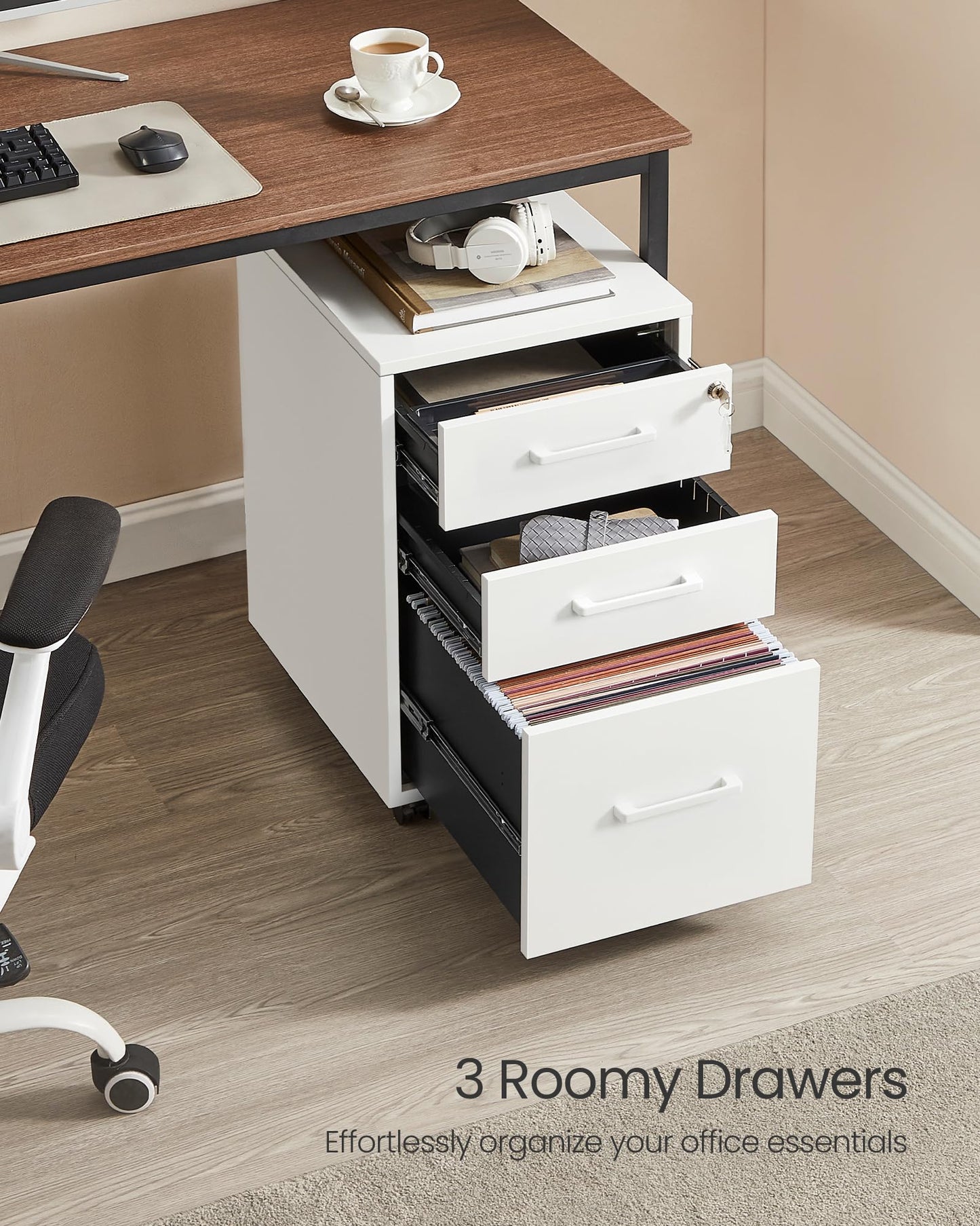 SONGMICS File Cabinet, Pre-Assembled Except Wheels and Handles, Office Filing Cabinet with Lock, for A4, Legal, Letter Sized Documents, 17.7 x 14.4 x 23.6 Inches, Matte White UOFC110W02