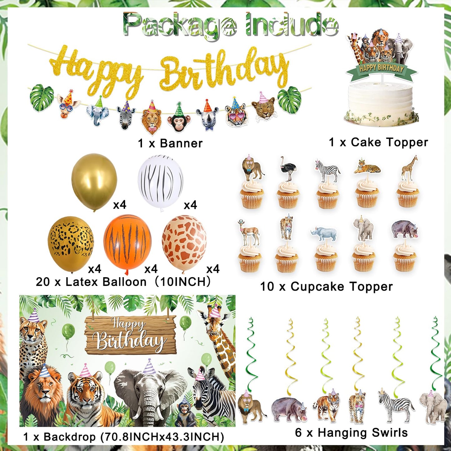 Roetyce Safari Animals Birthday Party Decorations, Jungle Wild Animals Happy Birthday Banner Balloons Hanging Swirls Cake Topper Kit, Safari Themed Birthday for Kids Photo Background Backdrop