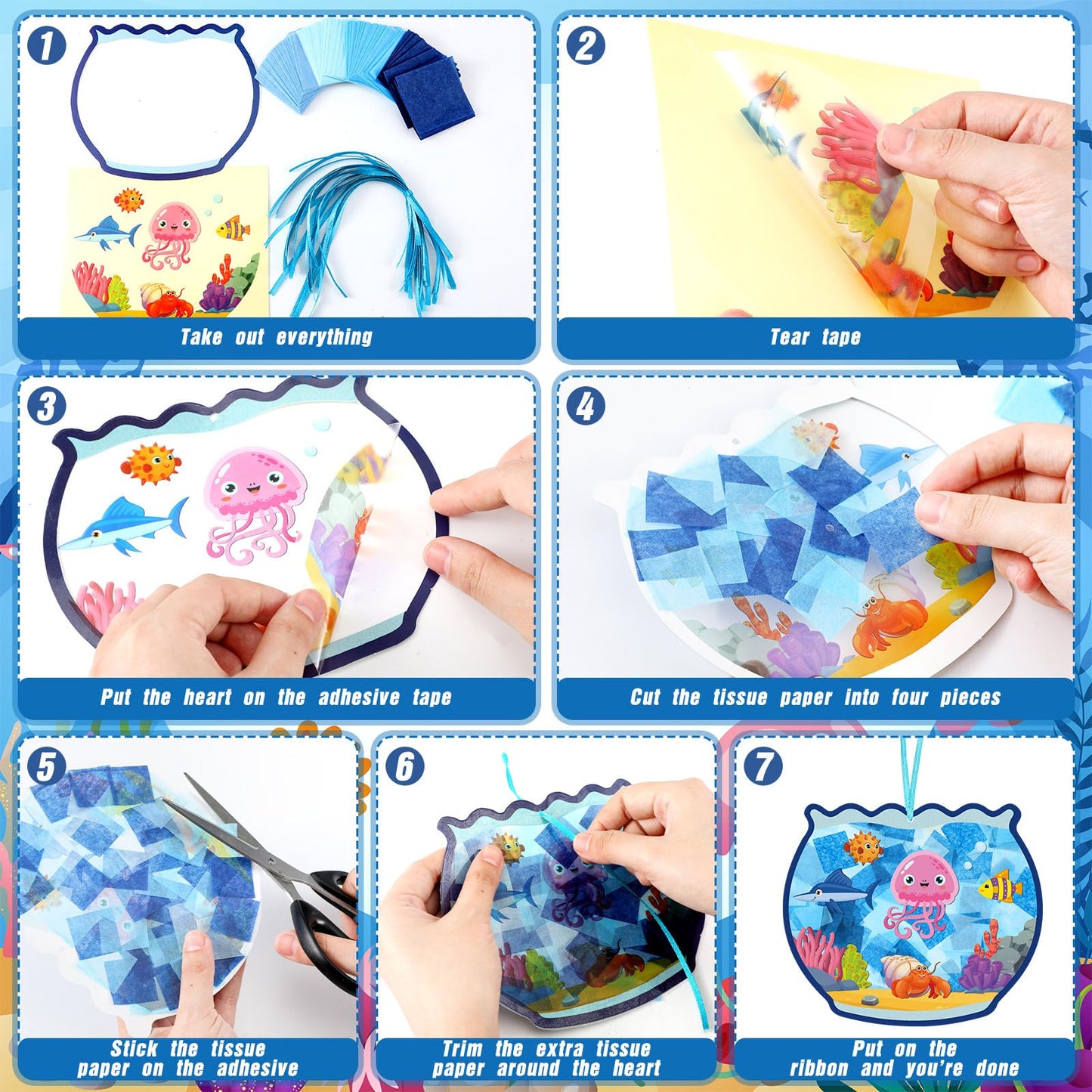 Supervitae 24 Sets Fishbowl Paper Crafts Kits Summer Crafts Sun Catchers Art Kits DIY Fish Tissue Paper Sign Make an Ocean Animals Worlds Stickers Scene for Window Activities Game Party Decor