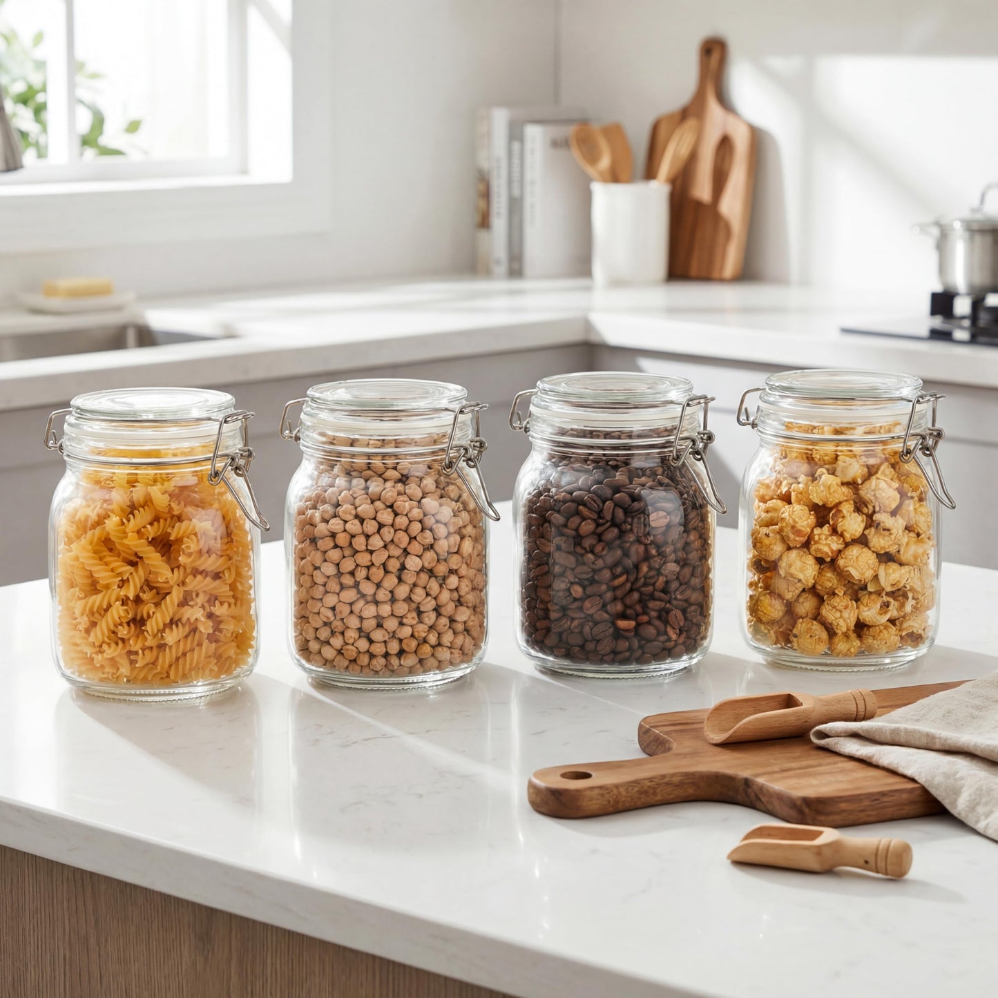 Kingrol 34 oz / 1000 ml Glass Storage Jars (Set of 4), Airtight Clamp Lid Canisters with Wide Mouth for Pantry Organization, Pickling, Fermentation & Dry Food Storage