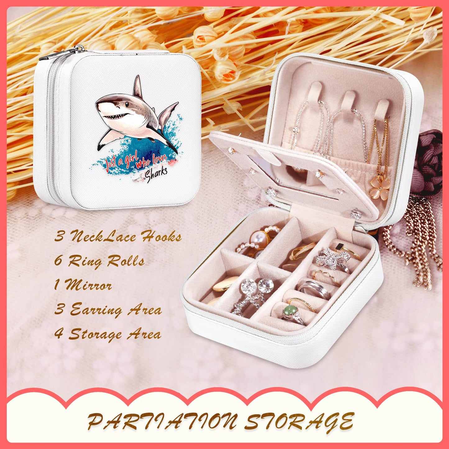 BJDAMAI Shark Jewelry Box, Gifts For Teens Girls Age 8-12, Shark Lovers Stuff Items Accessories Things Merchandise Decor Merch, Travel Ring Earrings Necklace Organizer Holder!