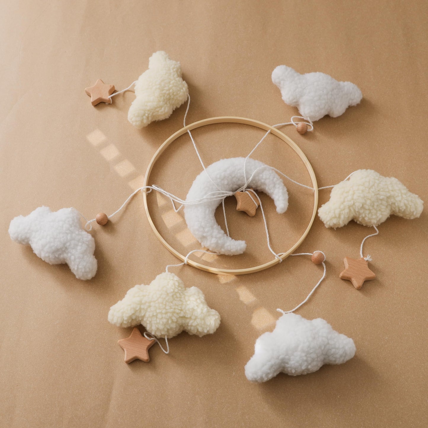 Baby Mobile for Crib – Handmade Moon & Cloud Baby Crib Mobile with Plush Sherpa Texture, Nursery Mobiles Felt Hanging Toy with Beech Wood Ring, Mobile for Crib Neutral Bassinet Baby Decor Gift