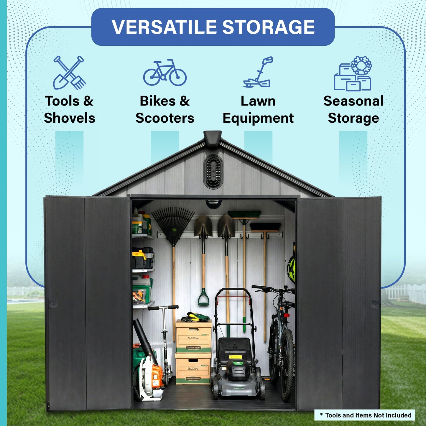 Plexalife 6×4 Heavy-Duty Outdoor Resin Plastic Storage Shed for Garden, Backyard, Patio, Lawn, with Windows, Double Doors, Ventilation and Solar Lighting, Weatherproof, Light Grey