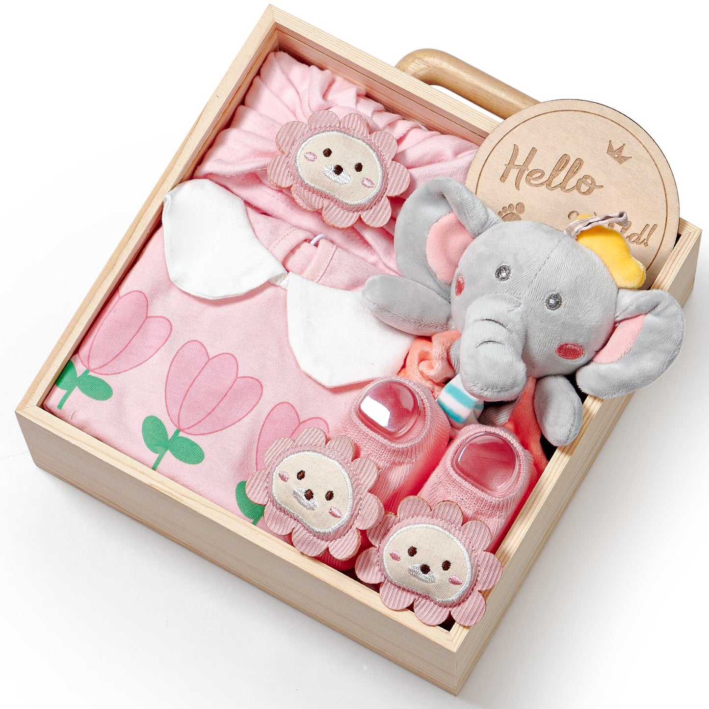 TUZT Wooden Baby Girls Gift Set, Baby Shower Gifts for Girls, Unique Newborn Essential Stuff with Blanket Onesies Lovey Bib and Socks, Gender Reveal Ideas Infant Welcome Baby Girl Shower Party