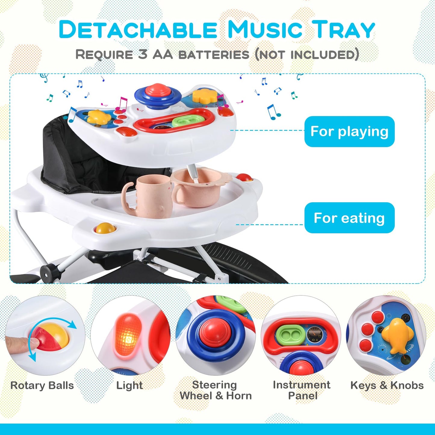 BABY JOY 6-in-1 Baby Walker, Foldable Baby Walker with Wheels, Adjustable Height, Music, Lights, Bouncer & Rocker Mode, Baby Walkers for Boys Girls 6-14 Months (Black)